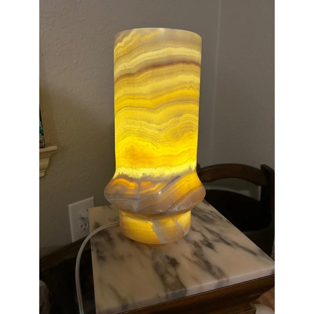 Vintage Natural Banded Onyx Cylinder Table Lamp Amber Stone 12in‎ Good Condition